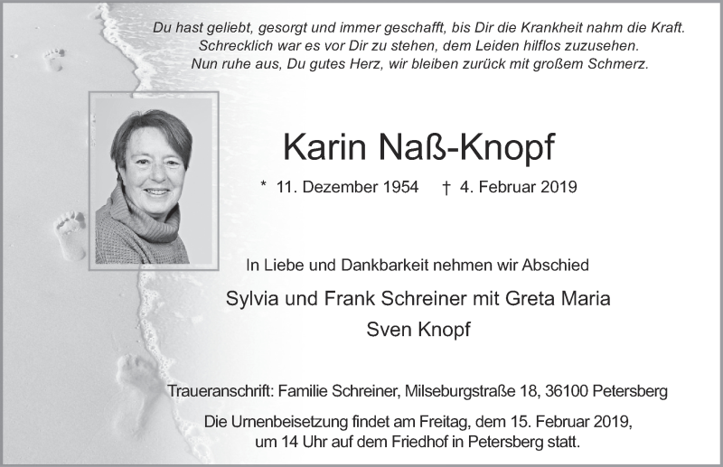  Traueranzeige für Karin Naß-Knopf vom 12.02.2019 aus FZ
