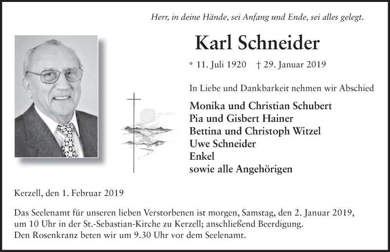  Traueranzeige für Karl Schneider vom 01.02.2019 aus 