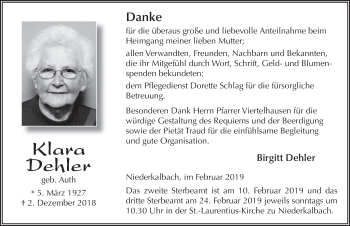 Traueranzeige von Klara Dehler 
