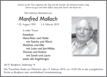 Traueranzeige von Manfred Mallach von FZ