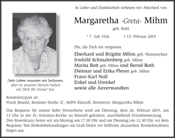 Traueranzeige von Margaretha Mihm von FZ