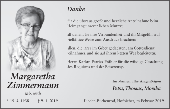 Traueranzeige von Margaretha Zimmermann 