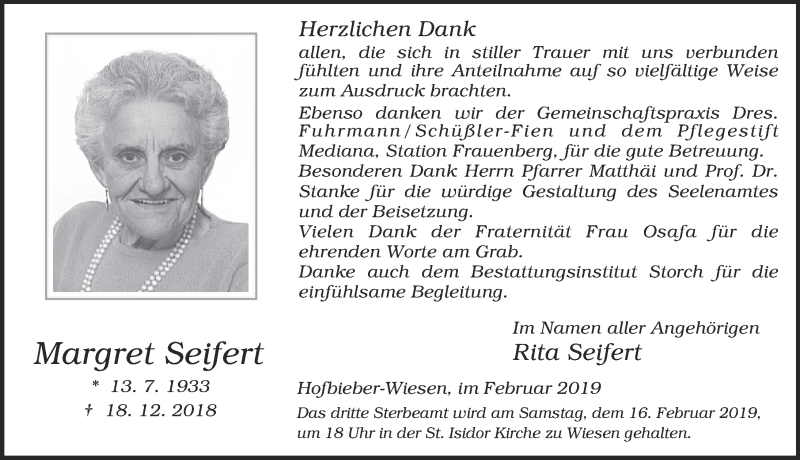  Traueranzeige für Margret Seifert vom 01.02.2019 aus 