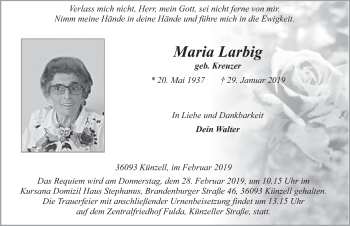 Traueranzeige von Maria Larbig von FZ