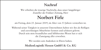 Traueranzeige von Norbert Firle von FZ
