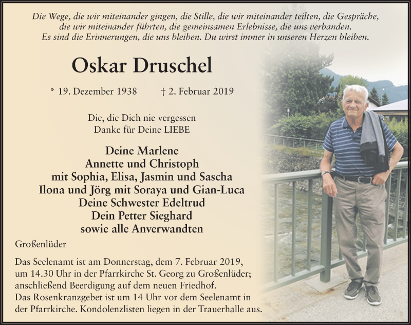  Traueranzeige für Oskar Druschel vom 05.02.2019 aus 