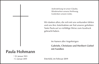 Traueranzeige von Paula Hohmann von FZ
