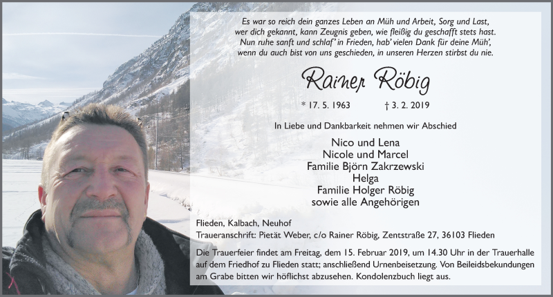  Traueranzeige für Rainer Röbig vom 12.02.2019 aus FZ
