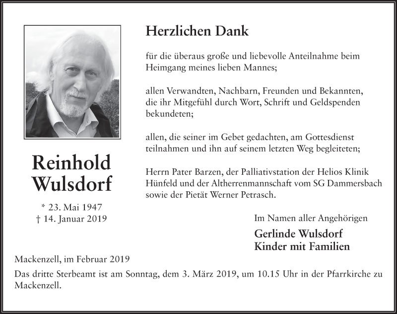 Traueranzeige für Reinhold Wulsdorf vom 28.02.2019 aus 