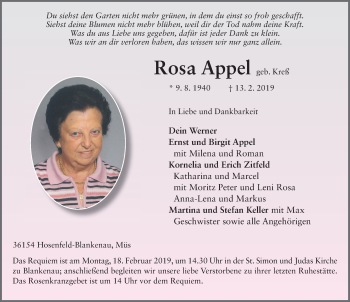 Traueranzeige von Rosa Appel von FZ