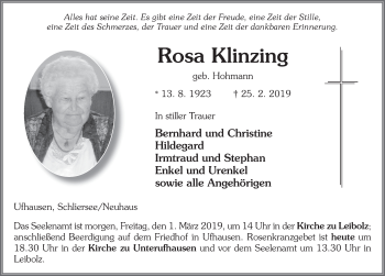 Traueranzeige von Rosa Klinzing 