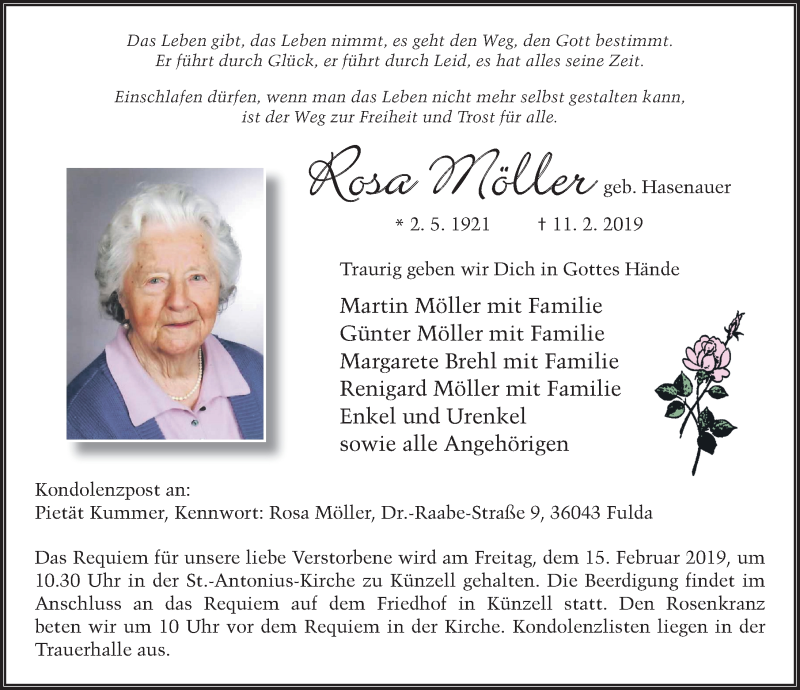  Traueranzeige für Rosa Möller vom 13.02.2019 aus FZ