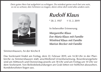 Traueranzeige von Rudolf Klaus von FZ