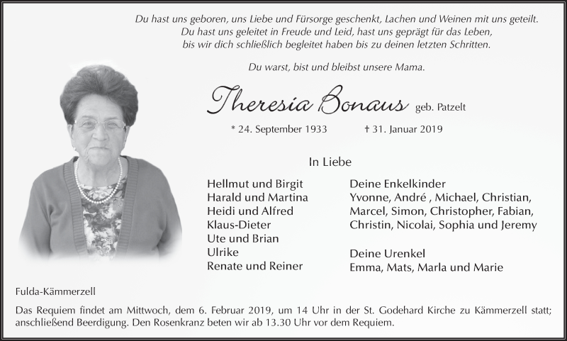  Traueranzeige für Theresia Bonaus vom 04.02.2019 aus FZ