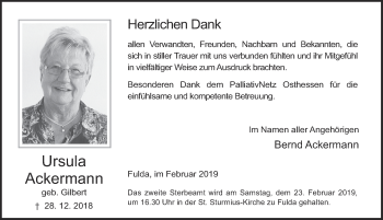 Traueranzeige von Ursula Ackermann von FZ