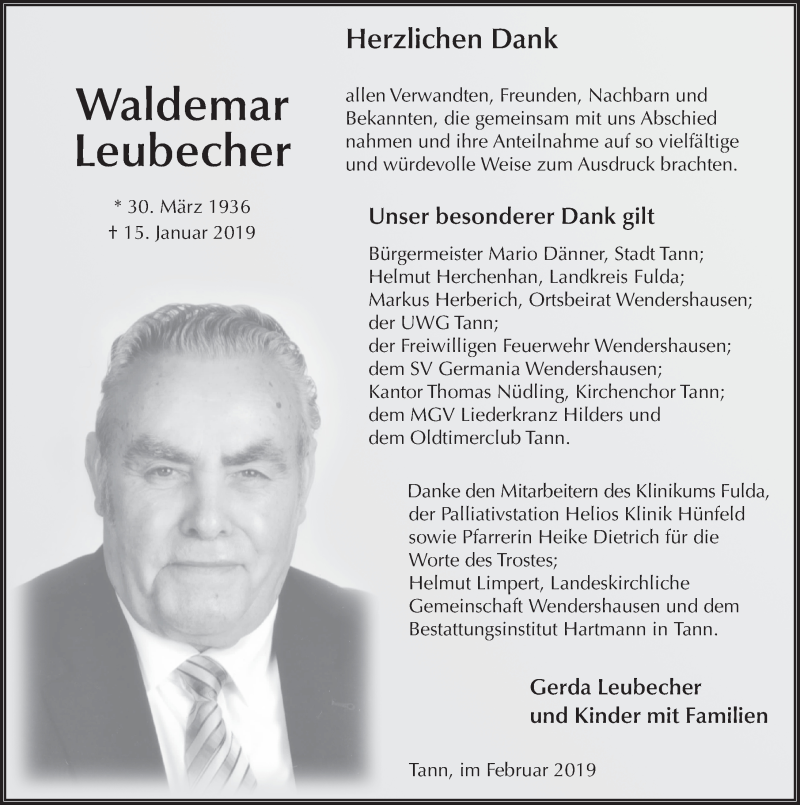  Traueranzeige für Waldemar Leubecher vom 08.02.2019 aus 