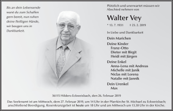 Traueranzeige von Walter Vey 