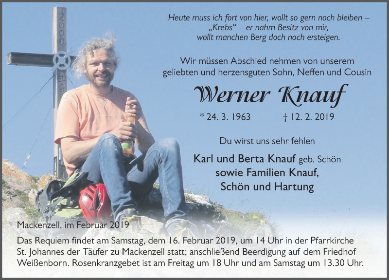  Traueranzeige für Werner Knauf vom 14.02.2019 aus FZ