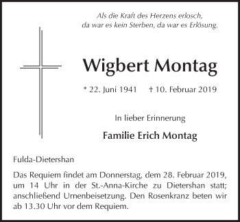 Traueranzeige von Wigbert Montag 