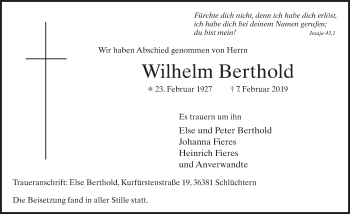 Traueranzeige von Wilhelm Berthold von FZ