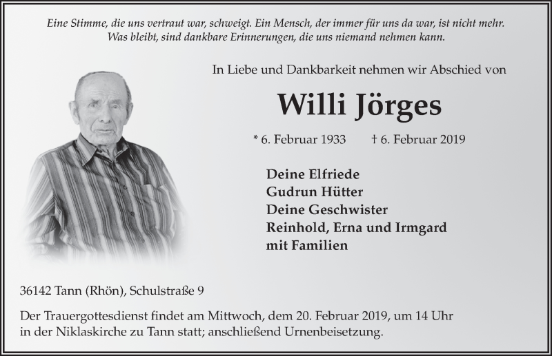  Traueranzeige für Willi Jörges vom 15.02.2019 aus FZ