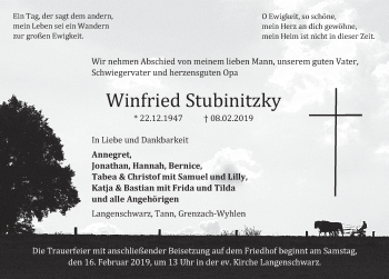 Traueranzeige von Winfried Stubinitzky von FZ