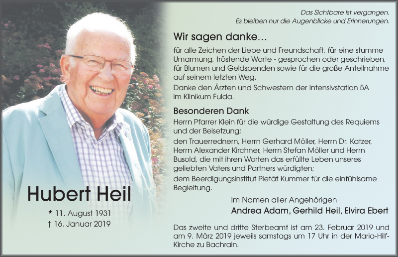  Traueranzeige für Hubert Heil vom 19.01.2019 aus FZ