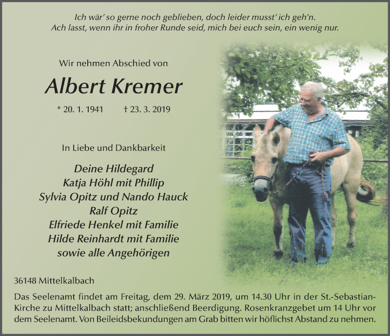  Traueranzeige für Albert Kremer vom 27.03.2019 aus FZ