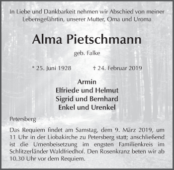 Traueranzeige von Alma Pietschmann von FZ