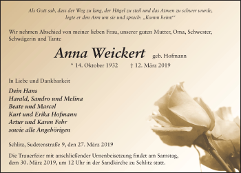 Traueranzeige von Anna Weickert von FZ