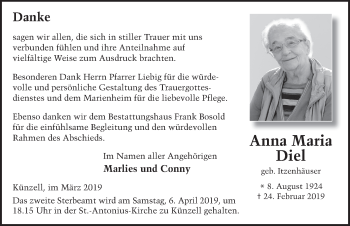 Traueranzeige von Anna Maria Diel von FZ