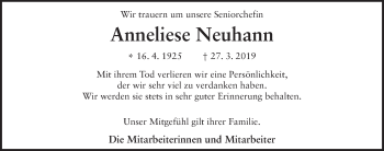 Traueranzeige von Anneliese Neuhann von FZ