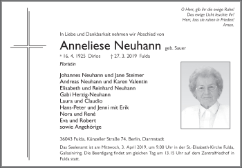 Traueranzeige von Anneliese Neuhann von FZ