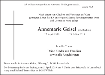 Traueranzeige von Annemarie Geisel von FZ