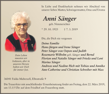 Traueranzeige von Anni S?nger von FZ