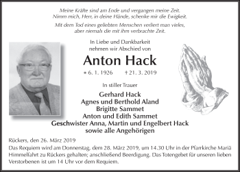 Traueranzeige von Anton Hack von FZ
