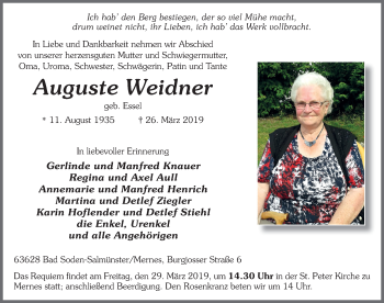 Traueranzeige von Auguste Weidner von FZ