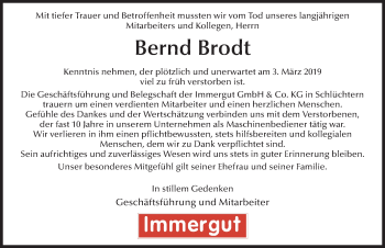 Traueranzeige von Bernd Brodt von FZ