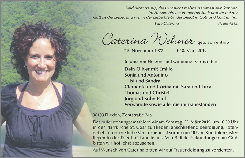  Traueranzeige für Caterina Wehner vom 21.03.2019 aus FZ