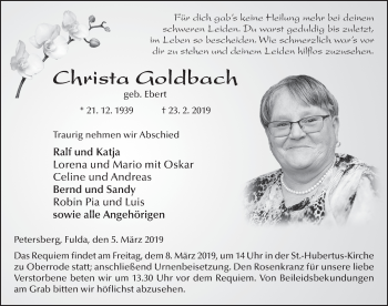 Traueranzeige von Christa Goldbach von FZ