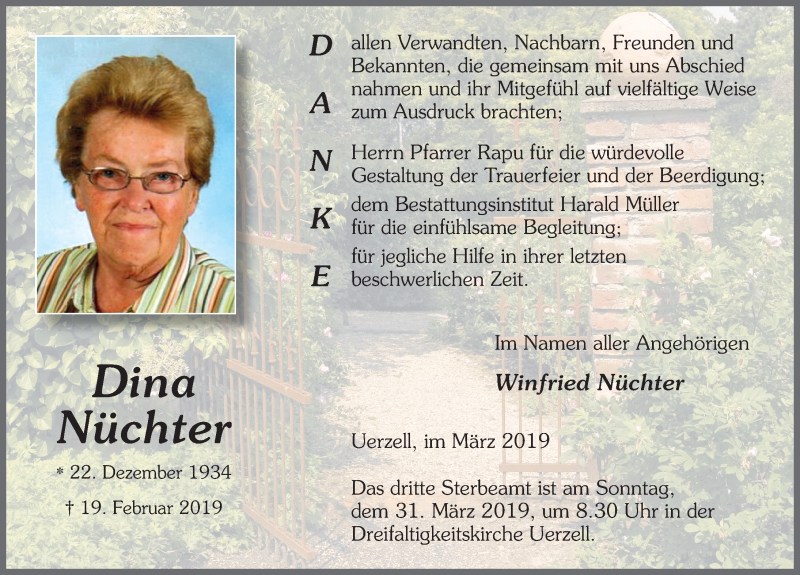  Traueranzeige für Dina Nüchter vom 14.03.2019 aus FZ