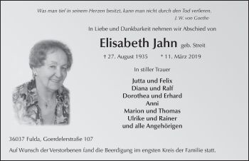 Traueranzeige von Elisabeth Jahn von FZ