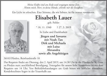 Traueranzeige von Elisabeth Lauer von FZ