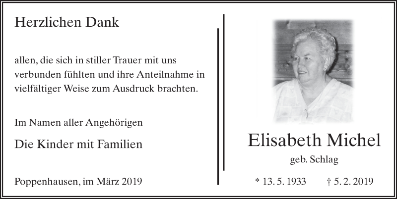  Traueranzeige für Elisabeth Michel vom 12.03.2019 aus FZ