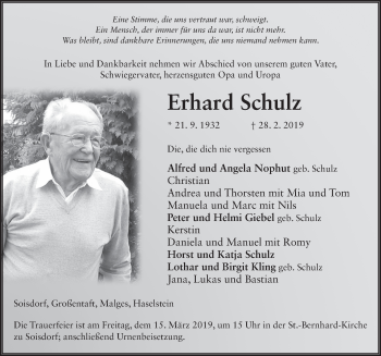 Traueranzeige von Erhard Schulz von FZ