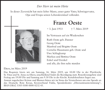 Traueranzeige von Franz Oeste von FZ