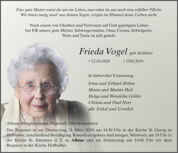Traueranzeige von Frieda Vogel von FZ