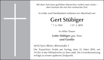 Traueranzeige von Gert Stübiger von FZ