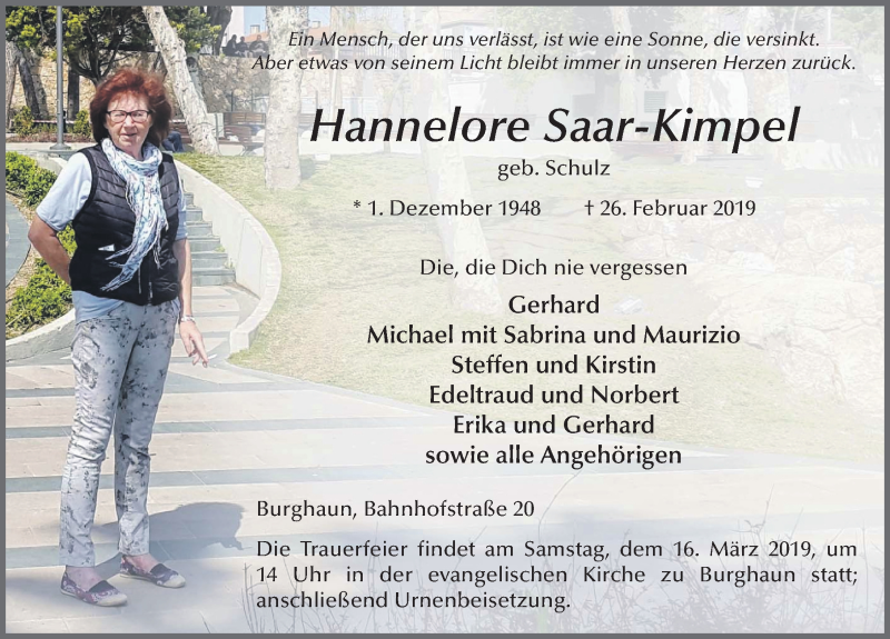  Traueranzeige für Hannelore Saar-Kimpel vom 14.03.2019 aus FZ