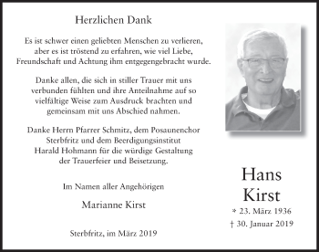 Traueranzeige von Hans Kirst von FZ